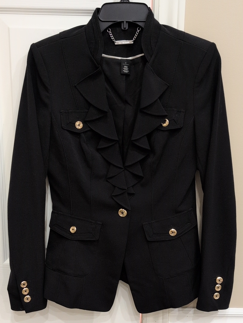 White House Black Market Black Ruffle Front Blazer with Gold-tone Buttons
